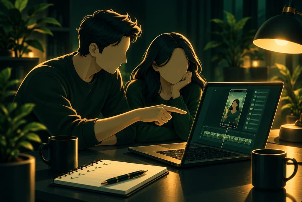 An instructor and a student reviewing a vertical video together on a laptop
