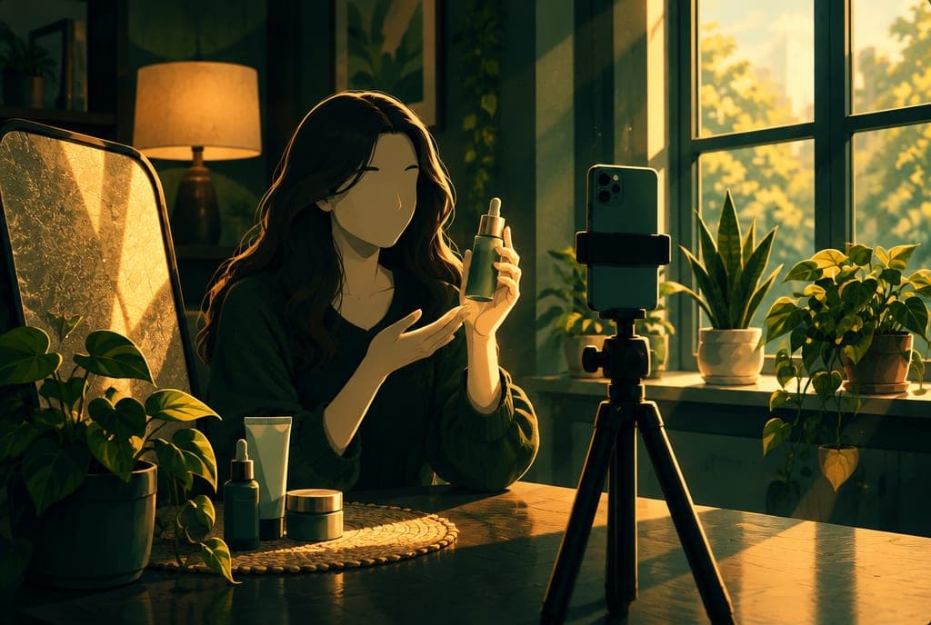 A creator holding a serum up to her phone by a sunny window